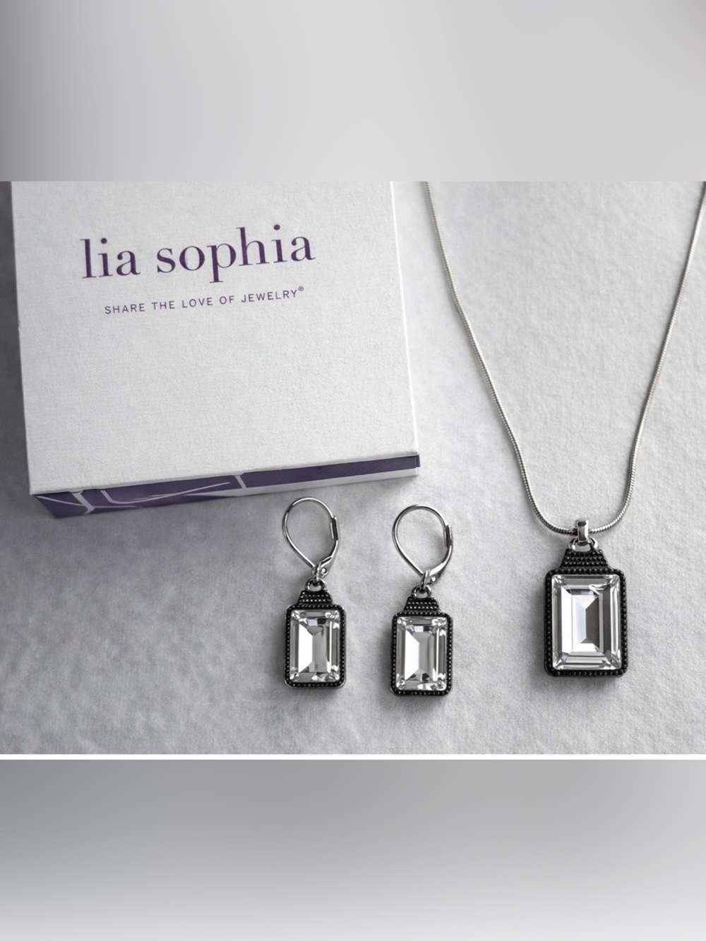 SET- Lia Sophia Retired Crystal Pendant Necklace & Drop Earrings Silver Filigree